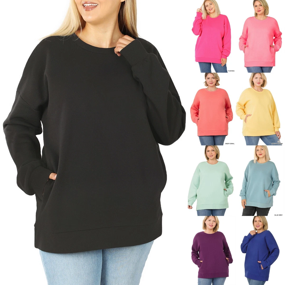 1X 2X 3X Women Round Neck Long Sleeve Sweatshirt Loose Fit Side Pocket