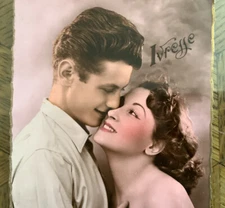 IVRETTE France hand-tinted RPPC Postcard French Romance Sweetheart Deckeled Edge