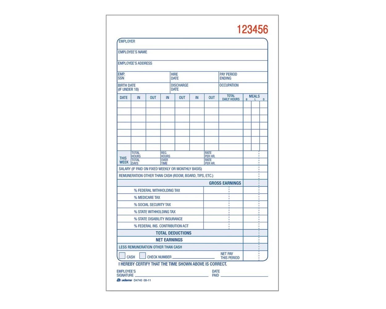 Adams D4740 Employee Payroll Record Book, Carbonless, 4.19 x 7.19, 50