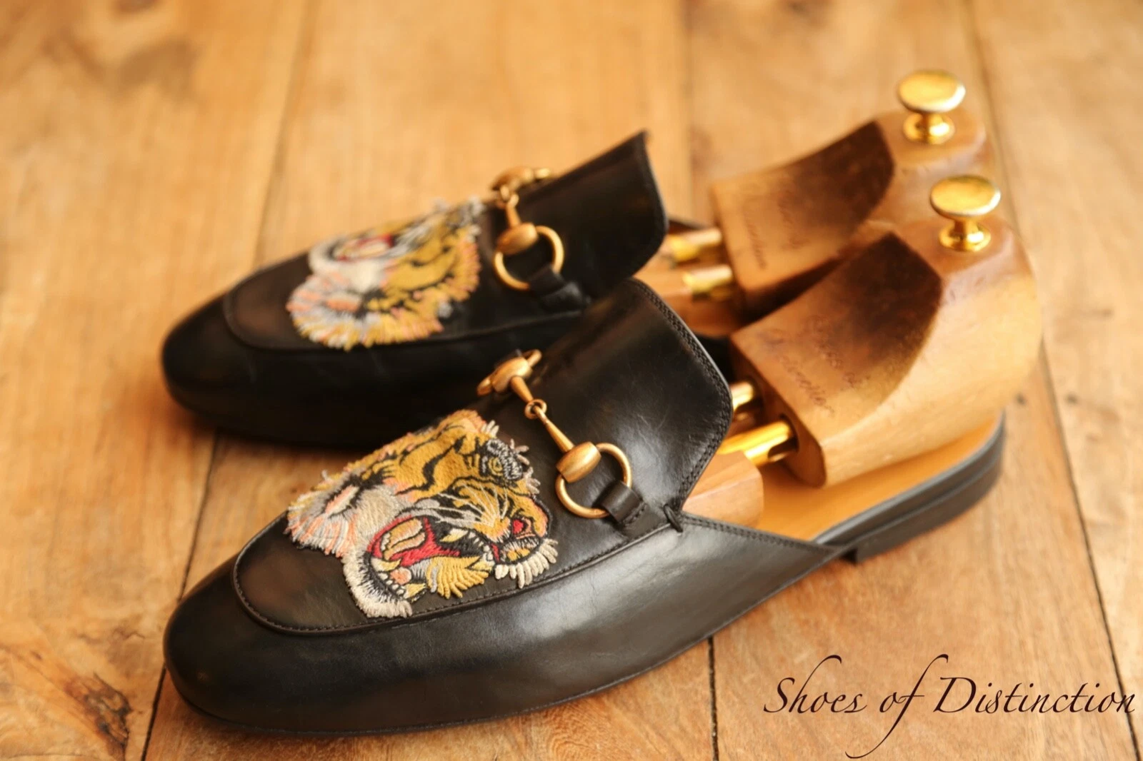 Mocassins Gucci Princetown Tiger cuir noir laiton mors chaussures hommes UK 8 EU 42 US 9