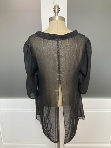 NWT Bongo Black Sheer Open Neck Blouse Silver Sparkle Shirt Size Juniors XL - Picture 4 of 8