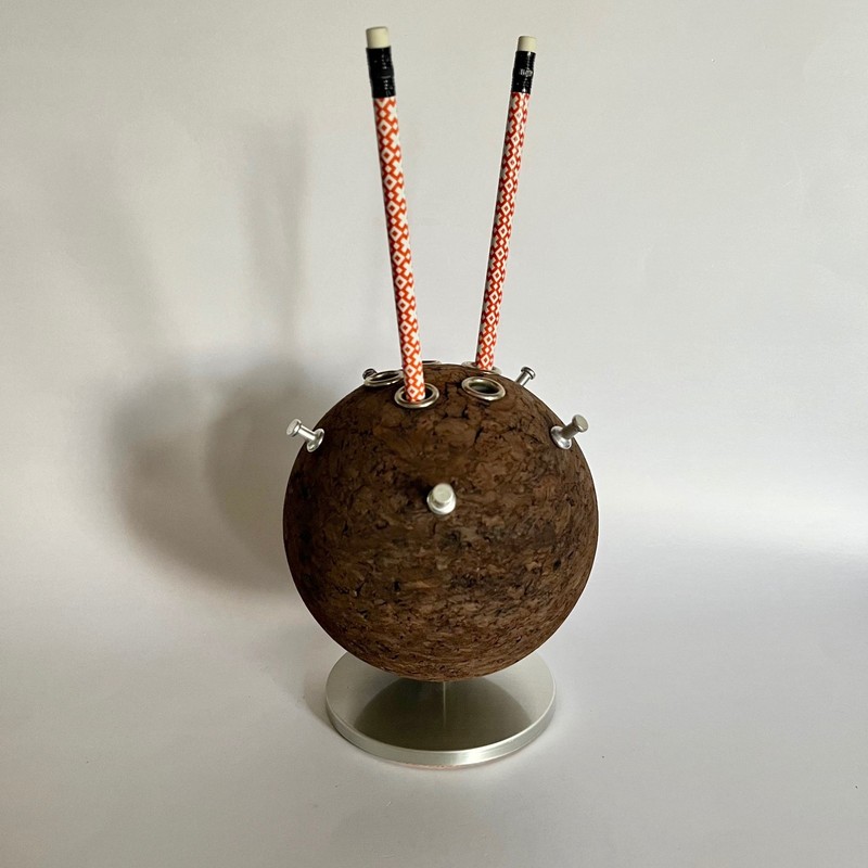 Vtg 60s Midcentury Modern Atomic Bulletin Ball Spinning Orb Desk Cork Pen Holder