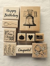 Lot of 10 Happy Birthday Wedding Holiday Wood Mount Rubber Stamps- Congrats