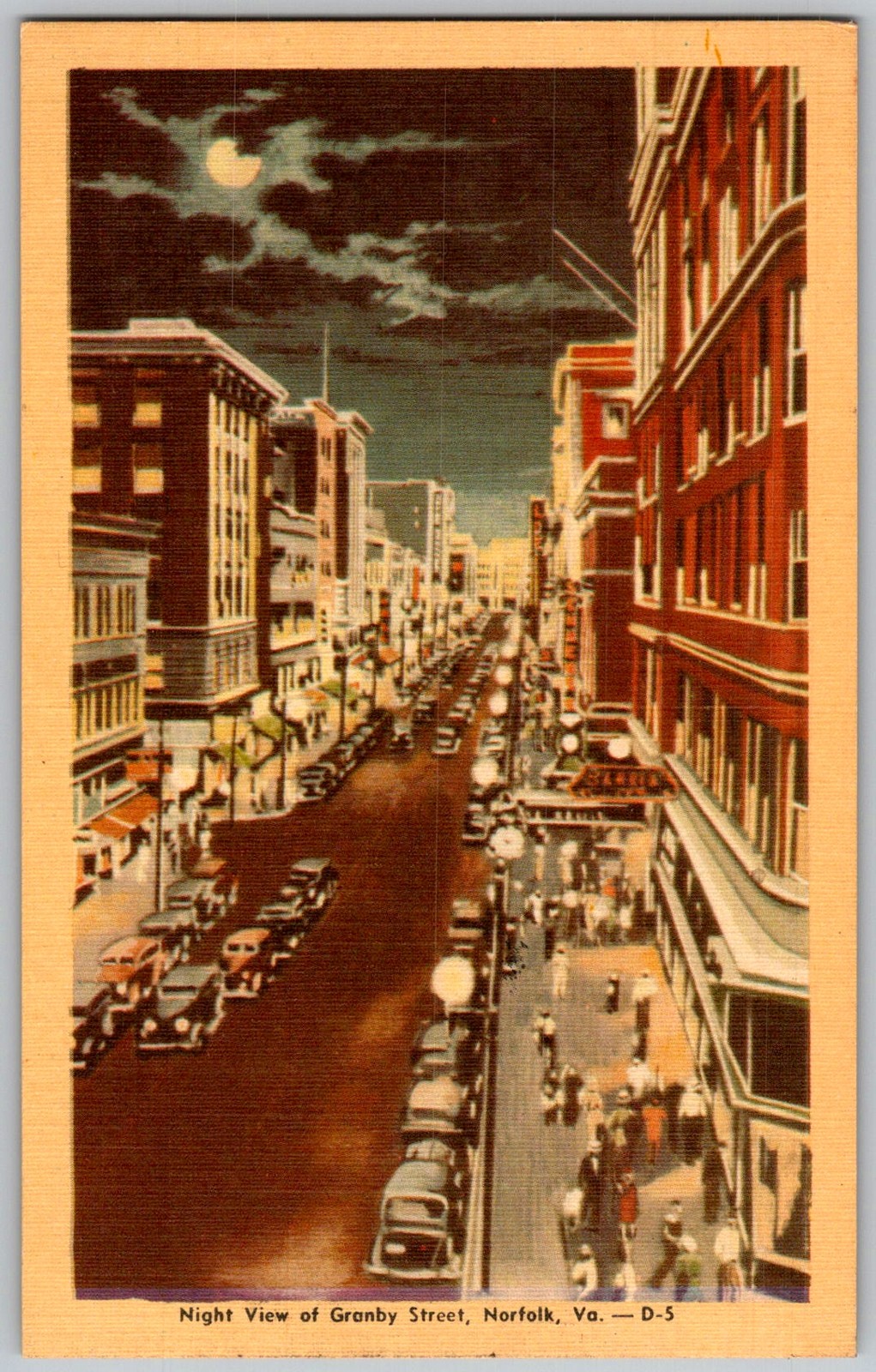 Vtg Linen Postcard Granby Street Night View Norfolk, VA 1930s