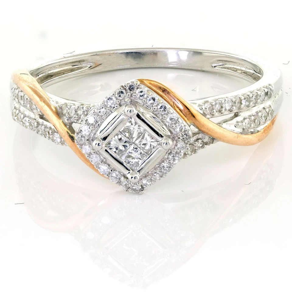 10k Two-Tone Gold Princess Cluster Diamond Halo Bridal Engagement Ring - Image 2 of 4