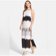 Halston Heritage Black White Gray Ombre Tiered Maxi Dress Size S