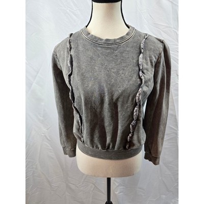 eri ali Gray Acid Wash Ruffle Detail Crewneck Sweatshirt Women's XS