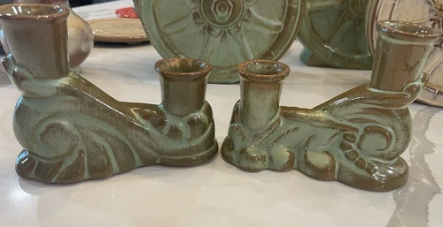 Vintage Frankoma Pottery Candle holders Glazed Prairie Green Set 304
