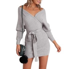 Backless Slim Fit Long Sleeve Mock Wrap Grey Surplice Knit Sweater Short Dress S