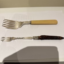 2 items - EPNS Antique Pickle Fork w Horn Handle & Serving Fork w Bone Handle