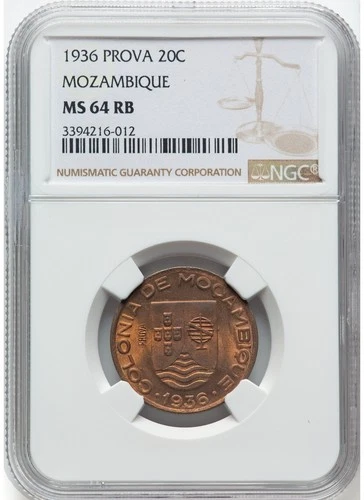 MOZAMBIQUE 1936 20C, NGC MS64RB (PROVA) KM-Pr4 (Essai) [Portugal/East Africa]