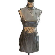 PrettyLittleThings Silver Metallic Slinky High Neck Cut Dress SIze 10 New 90's