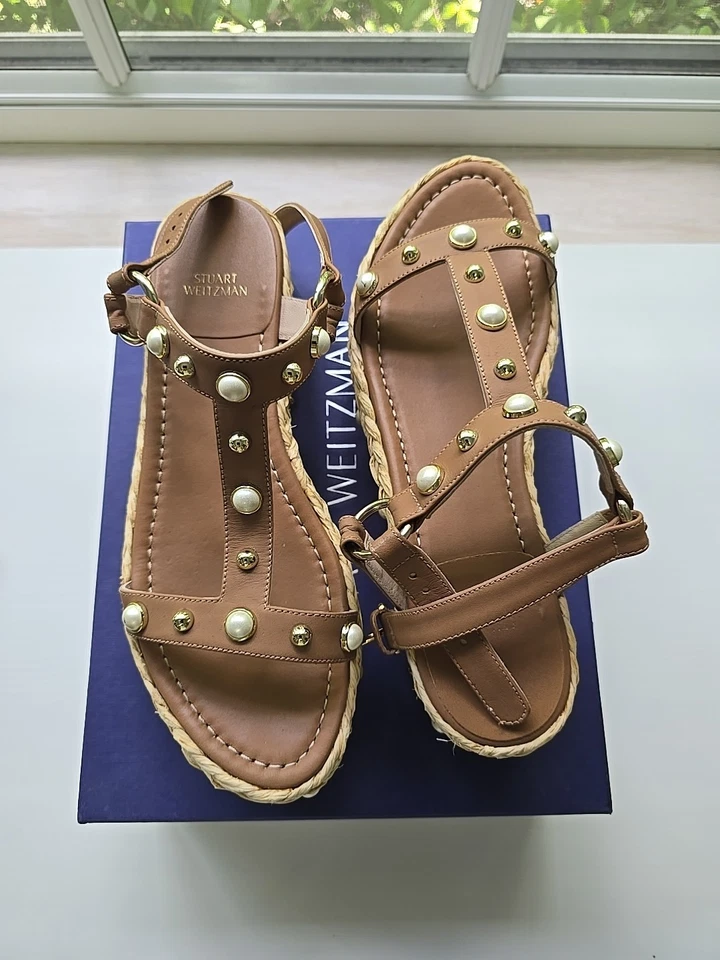 Stuart Weitzman Beraffia Miel Vachetta Leather Tan Pearls Wedge Platform Sz 8 - Image 3 of 4
