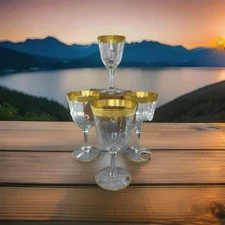 1930's  Tiffin Franciscan Optic Rambler Rose Water Goblets with Gold Rim  x 4