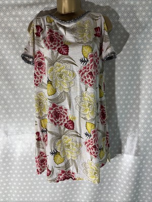 Next UK 14 Damen-T-Shirt weiß Blumenmuster kurzärmlig schulterfrei Jersey Oberteil