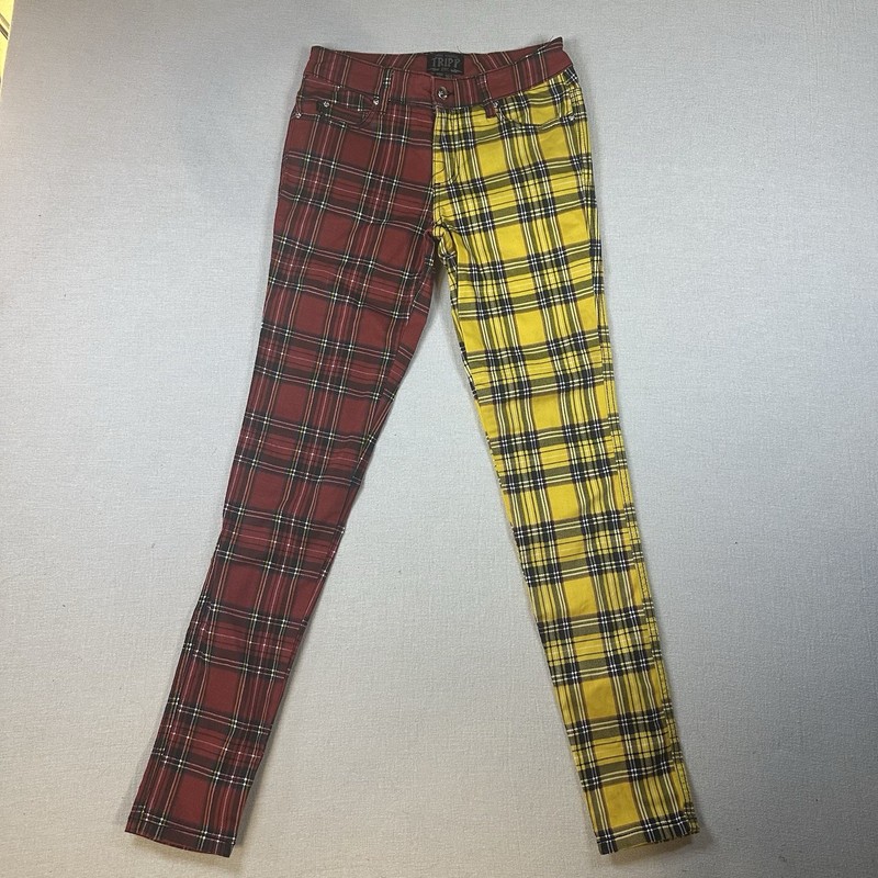 Gothic Men's Split Leg Bondage Yellow And Red Tartan Clash Punk Pants 26/3