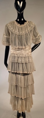 EDWARDIAN NET + LACE TEA DRESS W TIERED SKIRTING + SILK PIPING + BELTING