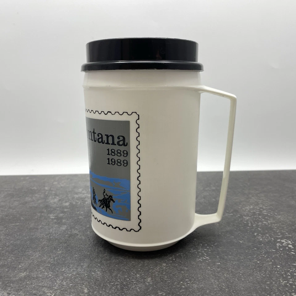 Sello del Centenario de Montana de colección 1889 1989 Aladdin 12 oz taza de viaje tapa de taza de café Foto 2 de 4