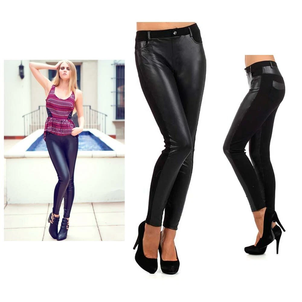 Womens Leggings Faux Leather Shiny Liquid Wet Look Sexy Stretch Party Dance S M