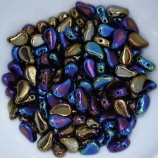 30 Beads - Paisley Duo Two Hole Jet Rainbow Iris Czech Glass