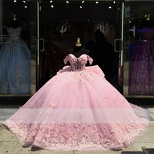 Pink Tulle Quinceanera Dresses Ball Gown With Bow Applique Sweet 16 Birthday