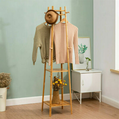 Bamboo Clothes Rail Stand Coat Rack with 2 Ladder Shelves w/Hooks Hallway Sturdy