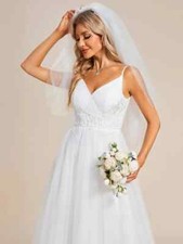 Ever-Pretty Elegant Spaghetti Strap Flower Appliqué Tulle Wedding Dress, White,