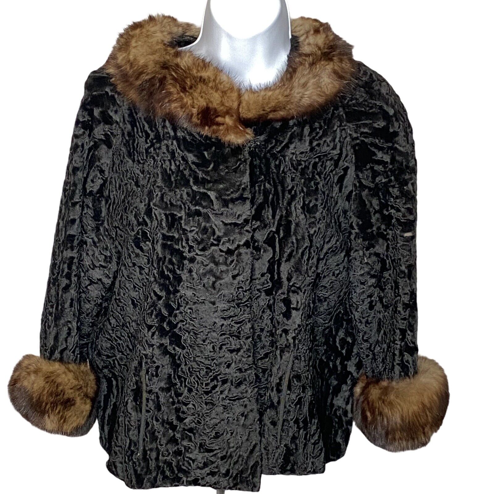 Vintage Black Persian Curly Lamb Brown Mink Trim Fur Jacket Small Short 50s Standardowa sprzedaż wysyłkowa