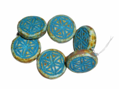Czech Glass Coin Beads - Flower - White w/ Picasso Fin & Turquoise Wash 18mm