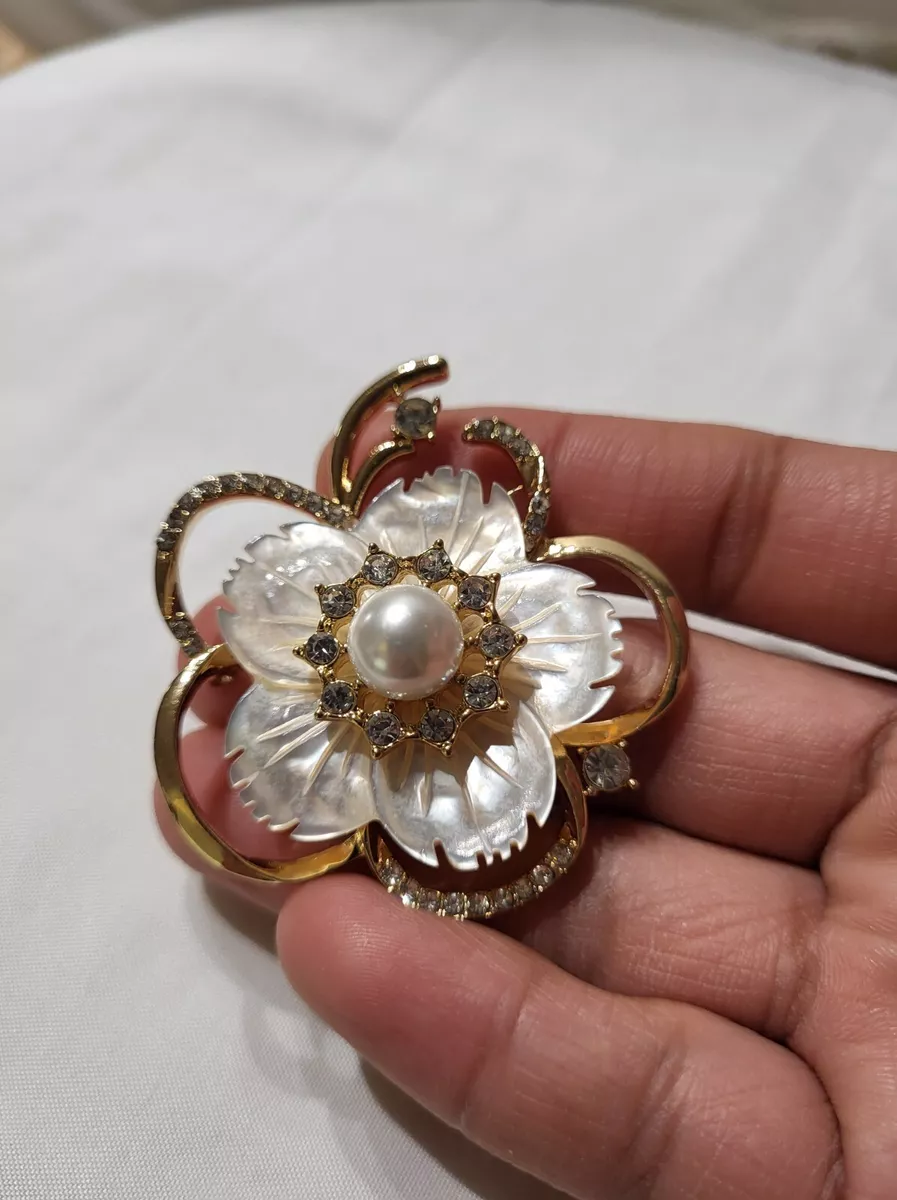 Anne Klein Flower Mother of Pearl, Rhinestones & Faux Pearl Brooch Pin Gold  Tone