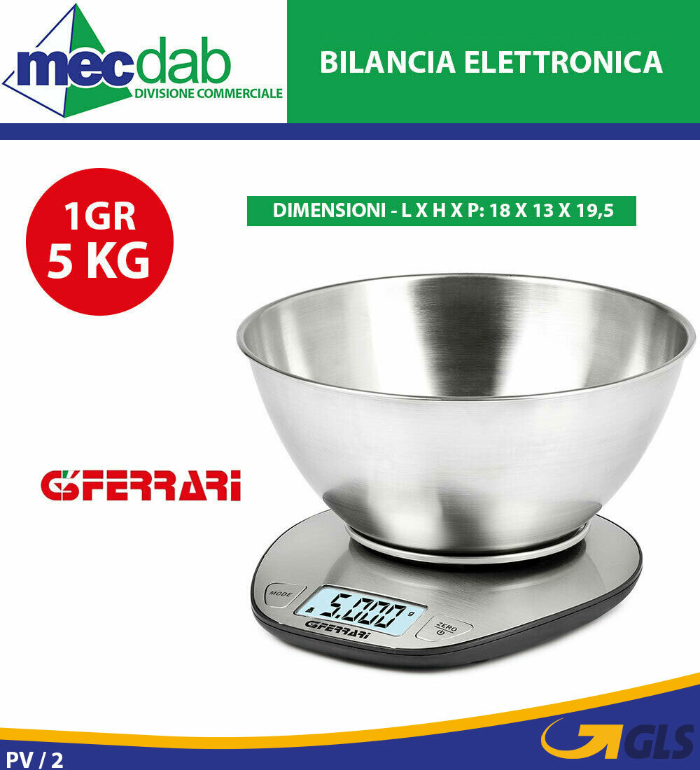 Bilancia da Cucina Elettronica 1Gr/5Kg in Acciaio Inox G3 Ferrari Pesa Alimenti