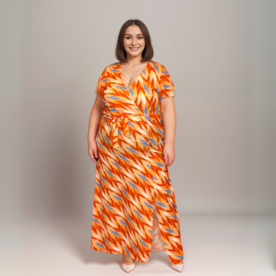 ROCKTHOSECURVES DAMEN MAXIKLEID ORANGE BLAU V-AUSSCHNITT MIT GÜRTEL