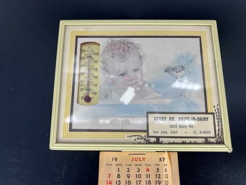 Thermometer Baby and Fly Catcher Bird thistle 4 X 5 1957 Drive in Dairy Calendar - Picture 7 of 13