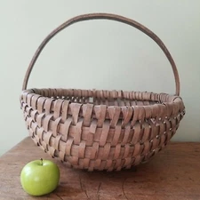 Antique Primitive Splint Wood Melon Gathering Basket w/ Bentwood Handle AAFA 