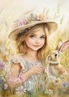 print ACEO Art Card Rabbit Girl Garden Flower Bunny Animal Limited Edition