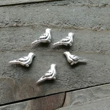 5 Tiny Bird Beads Charms Metal Antiqued Silver 3D 2 Sided Aviary Findings 14mm