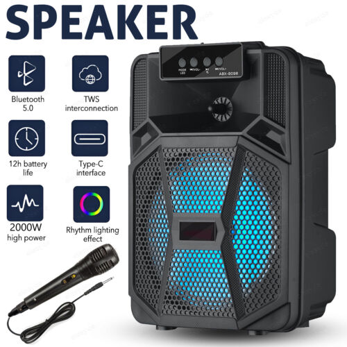 8'' Portable FM Bluetooth Speaker Subwoofer Heavy Bass Sound System Party + Mic