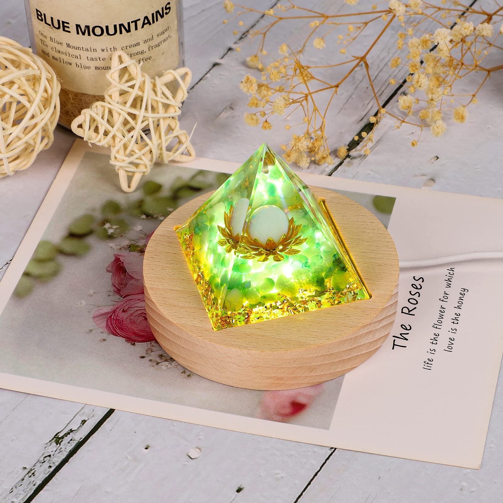 LED Light Base for Orgone Pyramid, 3 Color Adjustable Small, Wood