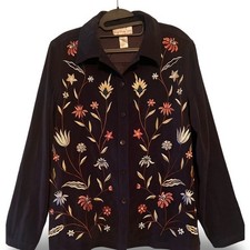 Vintage Susan Graver Style Medium Blue Embroidered Shirt Jacket Made Hong Kong