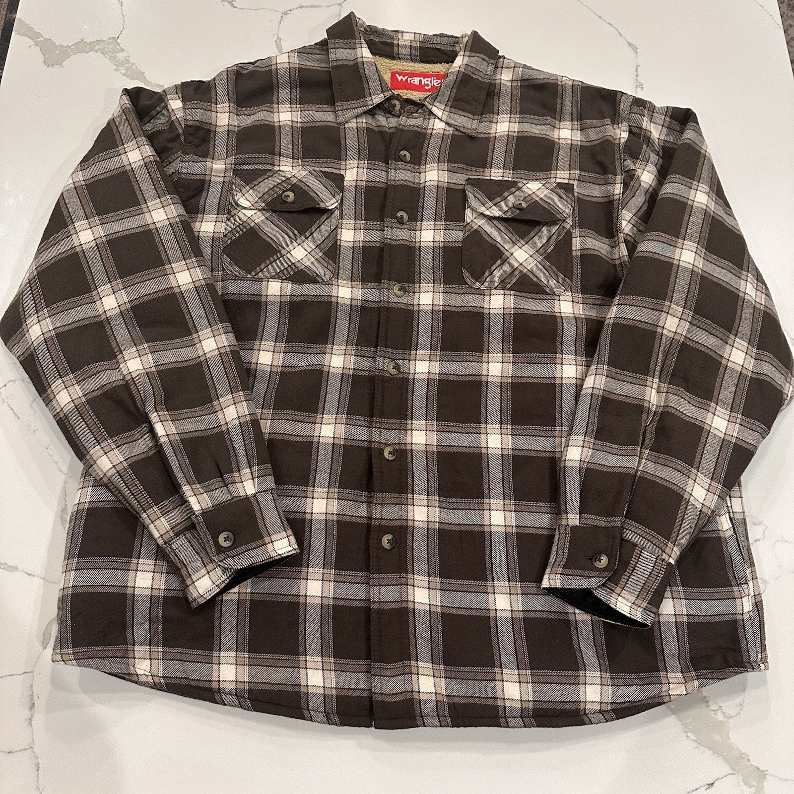Wrangler Sherpa Lined Brown Plaid Flannel Shirt Jacket Mens XL Quilted Ranch