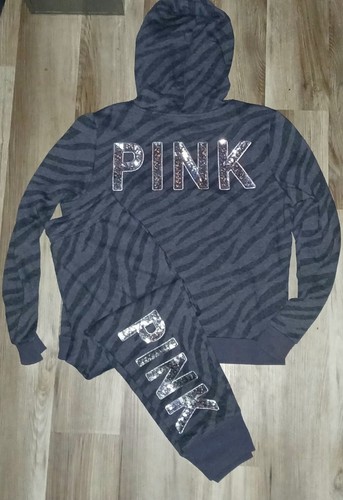 PINK Victoria's Secret Zebra Print Full Zip Hoodie and Sweatpants Bling Sequin