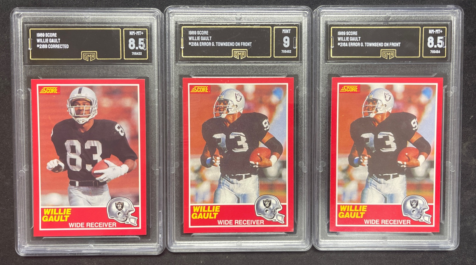 1989 Score Willie Gault 3-Card Lot GMA 9 8.5 8.5 Mint Error