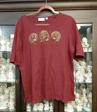  Quacker Factory Sequins Fall Turkeys Short Thanksgiving Sleeve Top Size XL @F1