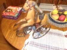 Vintage Wooden Horse Tricycle Toy Cast Iron, Leather Saddle Victorian Folk Art