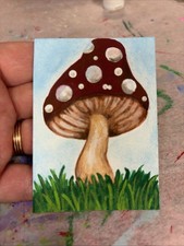 ACEO originale acrilico pittura arte card fungo rospo sgabello 2,5 x 3,5