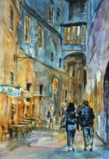 Signed Limited Giclée A3: Night Alley City Street Watercolor Art Print #/100