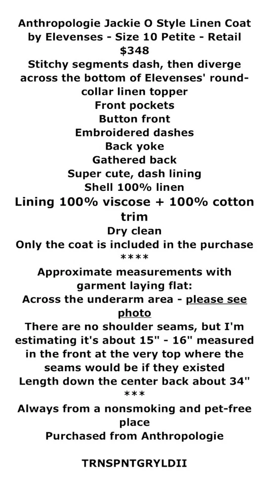 $348 Abrigo Anthropologie Jackie O Lino P10 Pequeño Grande Neutro Sofisticado Foto 2 de 4