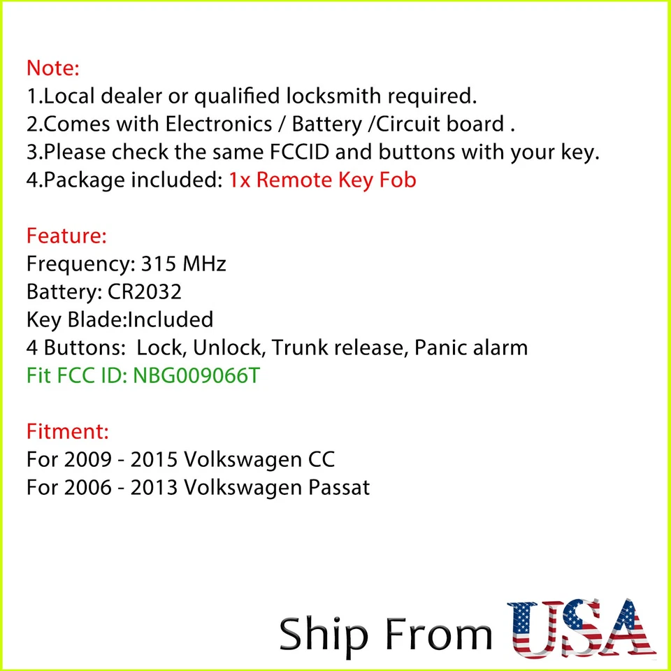Mando a distancia para Volkswagen Passat CC 2007 2008 2009 2010 2011 2012 2013 2014 Foto 2 de 4