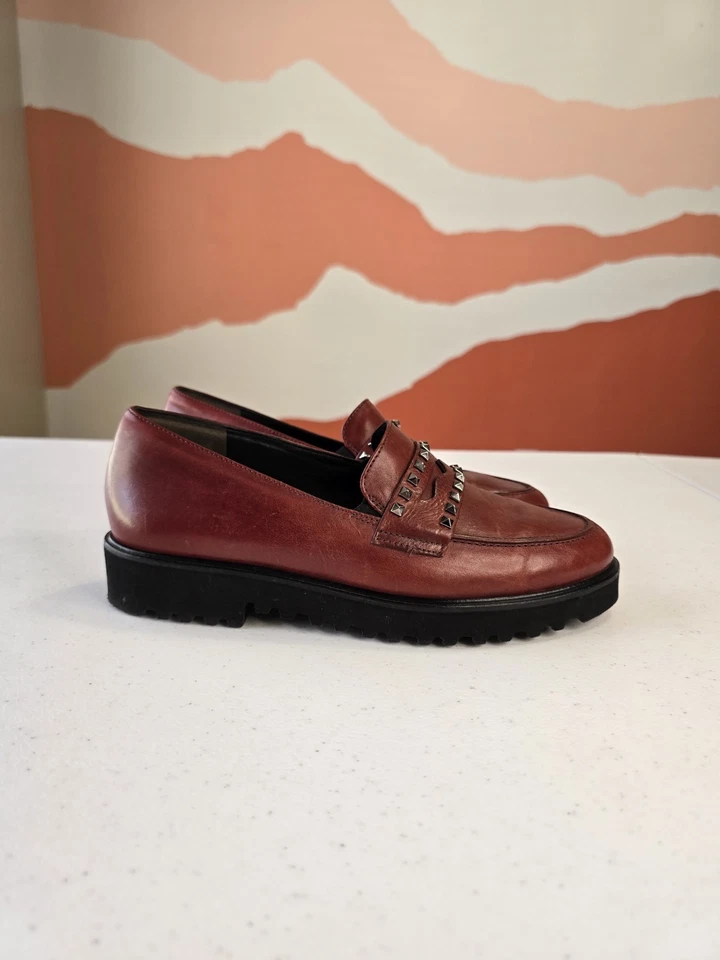 Mocasines PAUL GREEN Sofía Borgoña Rojo Roca Suela Tachonada Cuero 6.5 Sin Cordones  Foto 2 de 4