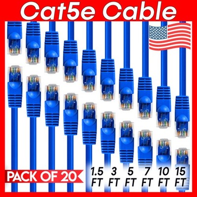 20 PACK Cat5e Cable Blue Cat 5 Patch Cord Ethernet RJ45 Connectors LAN Wire